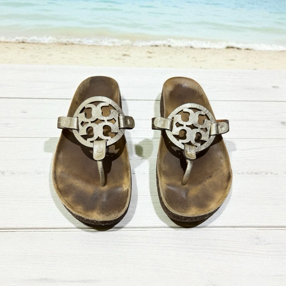 Tory Burch Miller Cloud Spark Gold Thong Sandals Size 7.5M Cork Comfortable